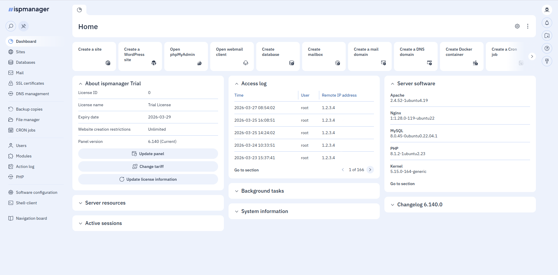 Main page of ispmanager