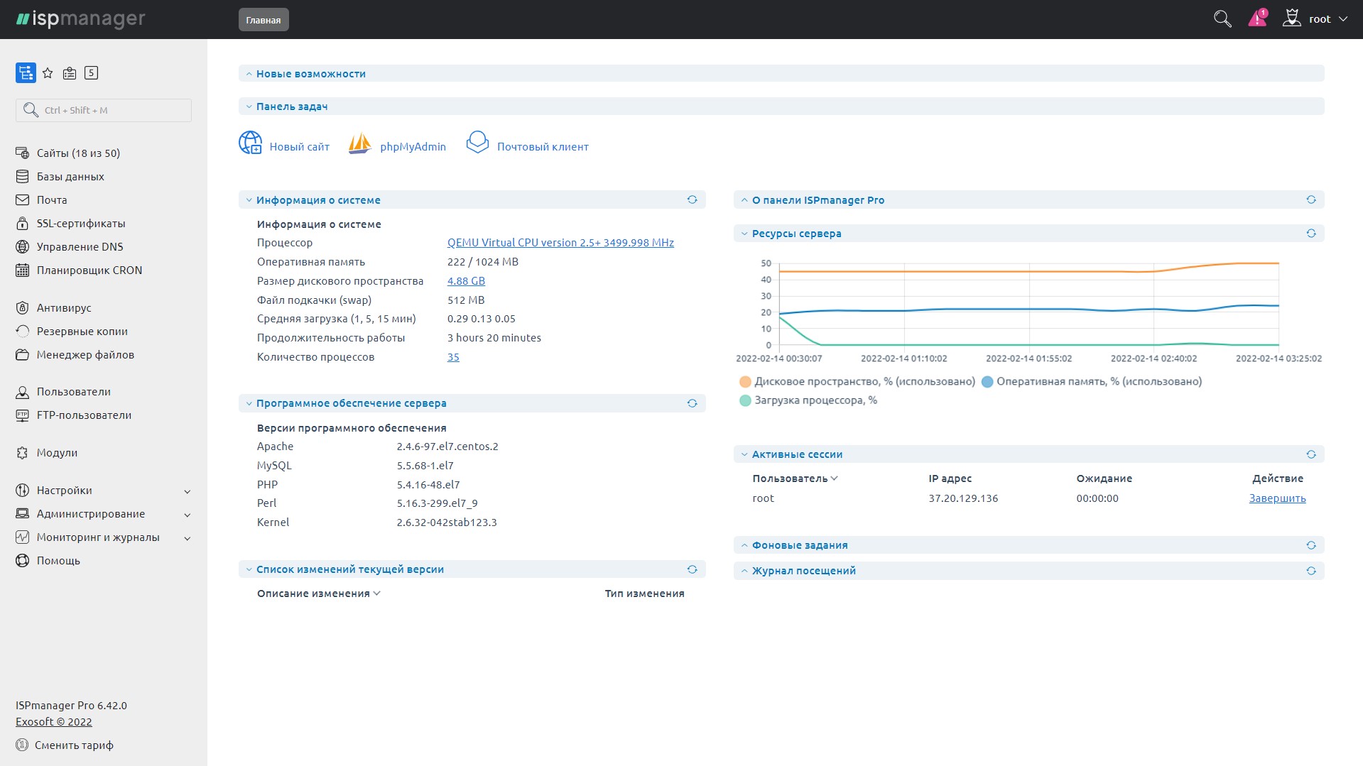 Main page of ispmanager