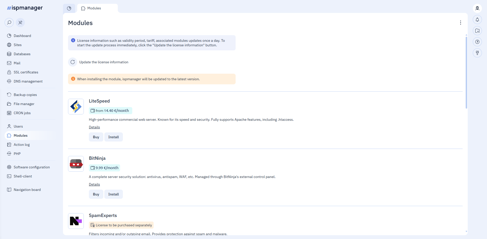 Modules of ispmanager