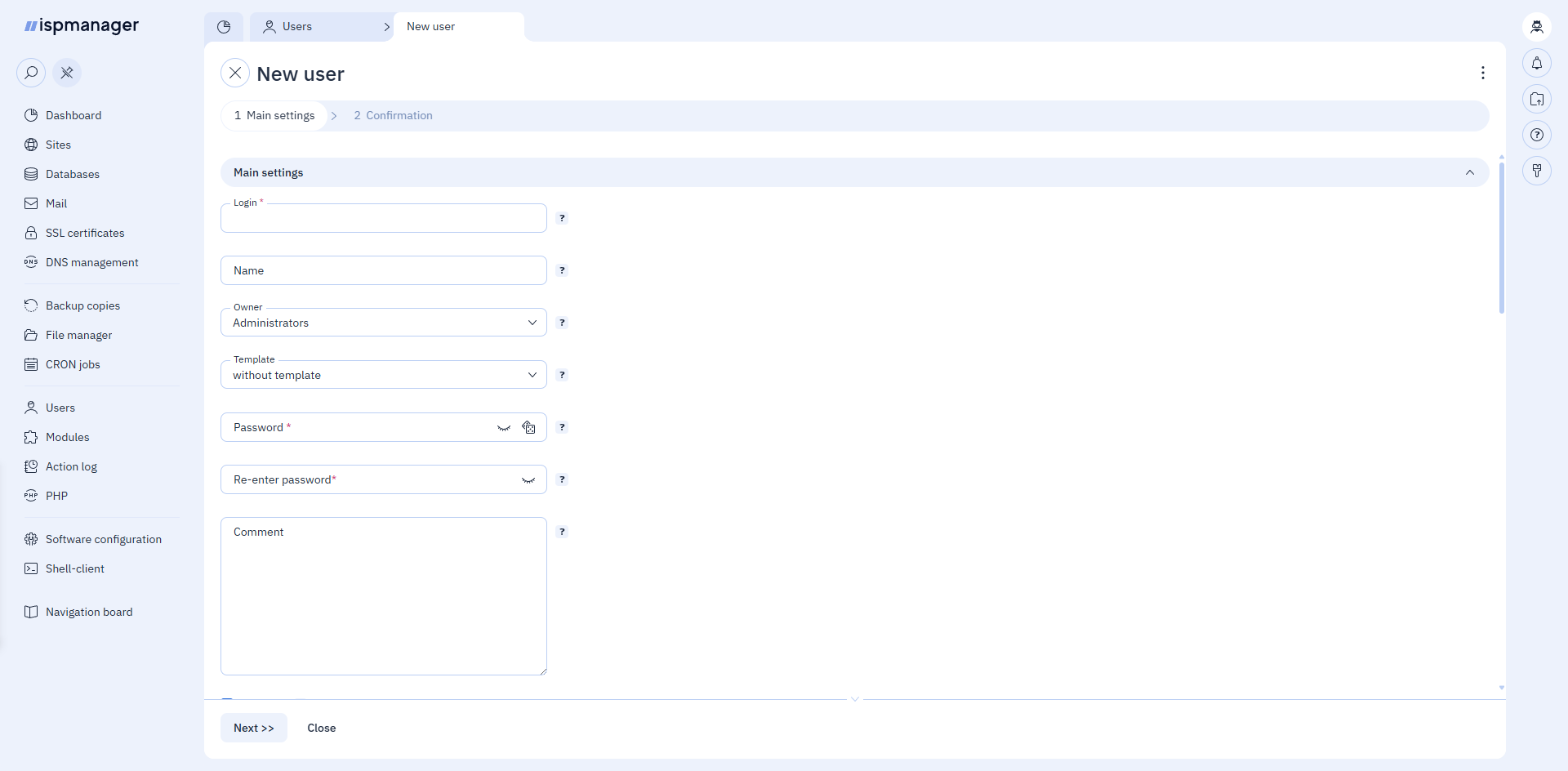 User settings of ispmanager