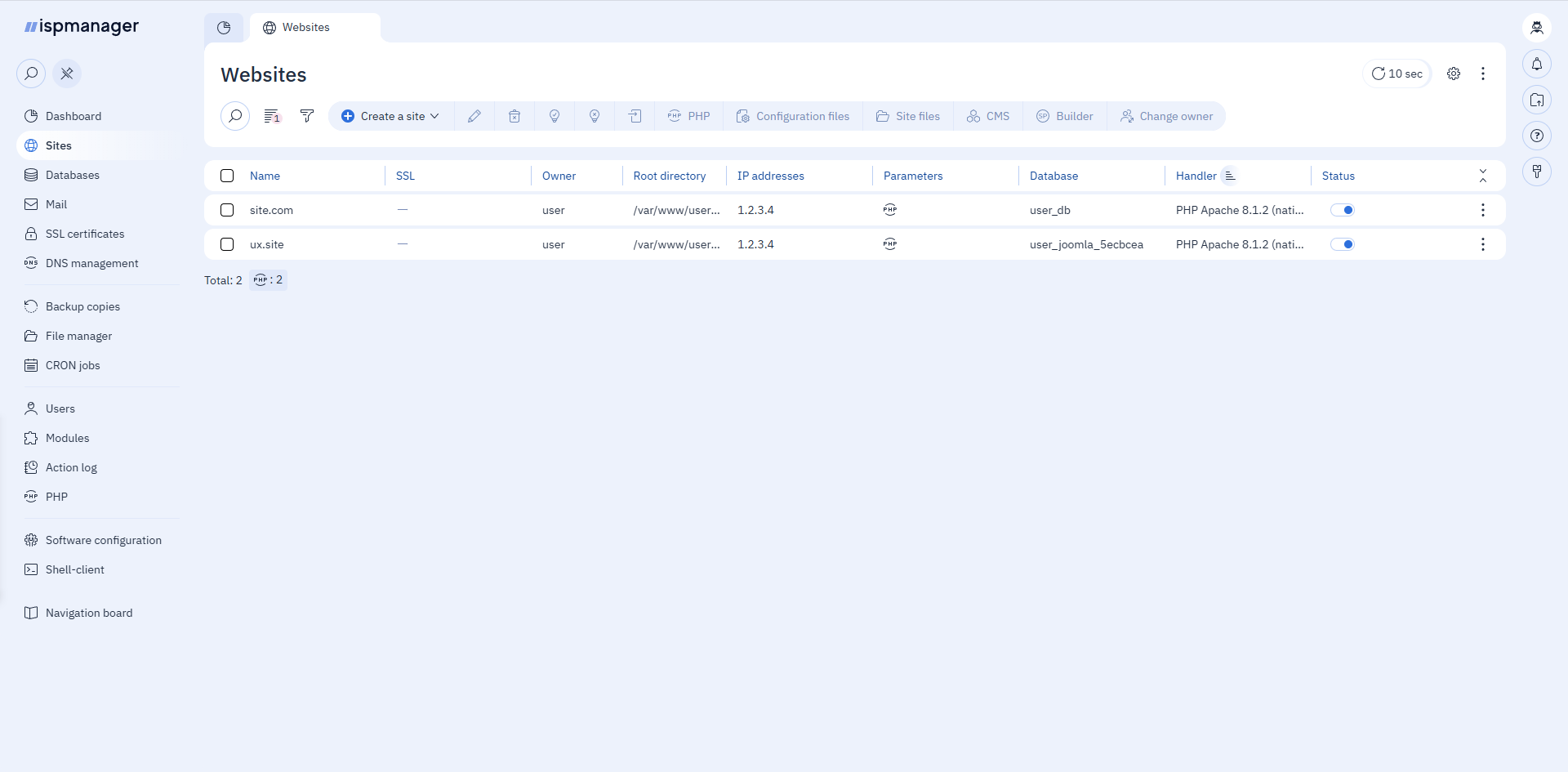Admins page of ispmanager